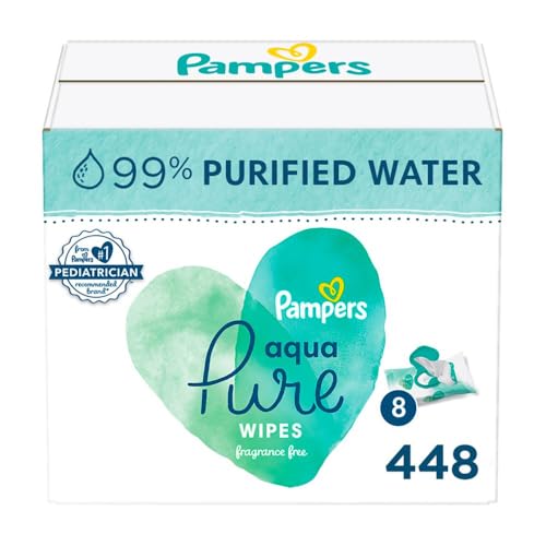 Image of Pampers Baby Wipes Aqua Pure, 99% water-based wipes, Hypoallergenic and Unscented Baby Wipes, 448 Wipes Total (8 Flip-Top Packs)
