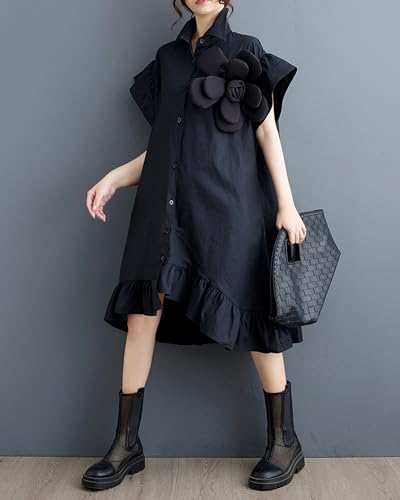 Image of ellazhu Women's Dress Loose Irregular Ruffle Hem Flower Button Down V-Neck Short Sleeve Shirt GZ210