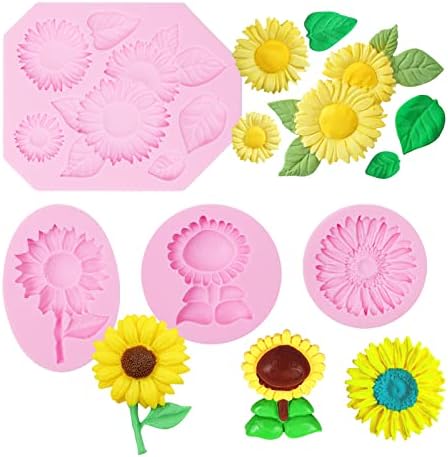 Sunflower Silicone Molds 4 Pcs, Sunflower Fondant Chocolate Mold for Cake Decorations, Cupcake Topper, Polymer Clay Flower Candy Mold for Baby Shower Birthday Party
