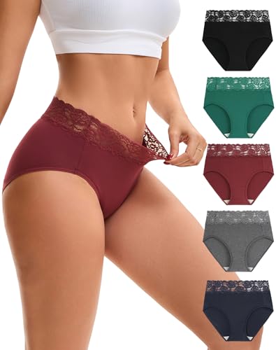 INNERSY Bragas Mujer Algodon con Encaje Braguitas Altas Elástico Ropa Interior Cómodas Pack de 5 (42, Negro/Rojo Oscuro/Verde/Azul/Gris)