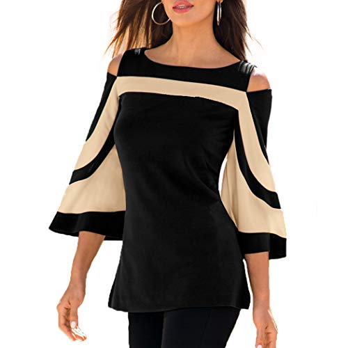 Raylans Women's Casual Bell Sleeve Cold Shoulder Black White Colorblock T-Shirt Blouse Top