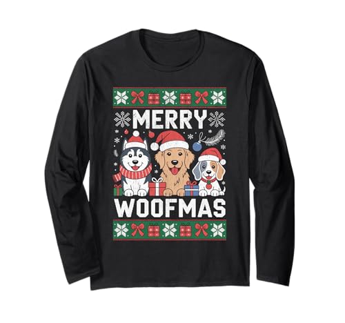 Buon Woofmas Funny Dogs Brutto Maglione di Natale Maglia a Manica