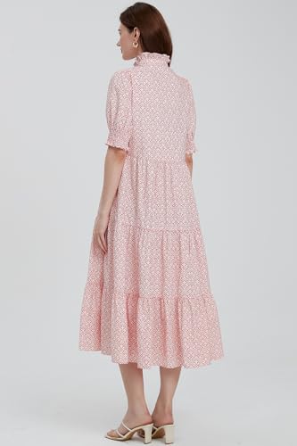 D-Sun Women Floral V-Neck Maxi Dress Button Down Printed Short Puff Sleeve Tiered Collared Flowy Elegant Long Dress Pocket4