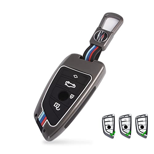 x xotic tech 3-Color Stripe Gunmetal Grey Metal Key Fob Cover Shell Case w/Keychain Compatible with BMW X3 X5 3 4 5 6 7 GT Series Z4 M3 M5 G05 G20 G30 G80 F10 F15 F30 F80 F85 F95 iX i4 (Blade Shape)