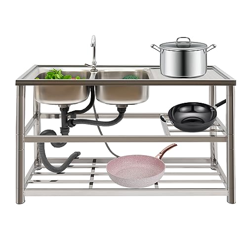Stainless Steel Sink, Free Standing Double Bowl Commercial Restaurant Kitchen Sink Set With Faucet & Drainboard,Prep & Utility Washing Hand Basin With Double Storage Shelves For Outdoor Indoor