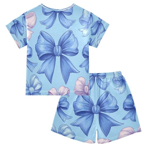 Pajama Sets Short Sleeve Blue and Pink Bows Soft Cotton Summer Sleepwear 2 Piece PJS Size 5-14T2