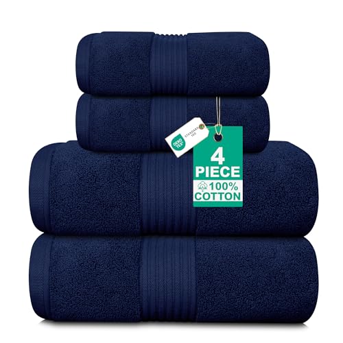 Luxury 4 Piece Towel Bale Set - Includes 2 Bath Towels & 2 Hand Towels - Zero Twist 100% Pure Thick Cotton, Fluffy, Soft, Quick Dry & Highly Absorbent Hotel Quality Bathroom Towels 580 GSM | Navy
