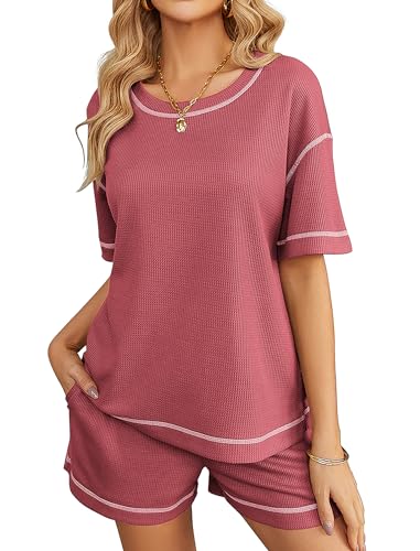 Image of Ekouaer Women's Waffle Knit Two Piece Lounge Set, Soft Matching Outfits for Daily Wear, Casual Shorts Set with Pocket