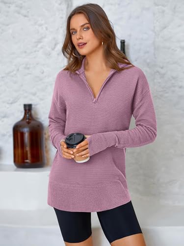 Image of PRETTYGARDEN Womens Long Sleeve Quarter Zip Pullover Sweater | Casual Loose V Neck Sweaters with Thumb Hole, Collared Ribbed Knit Jumper Tops, Oversized Tunic Tops, Fall Outfits 2026