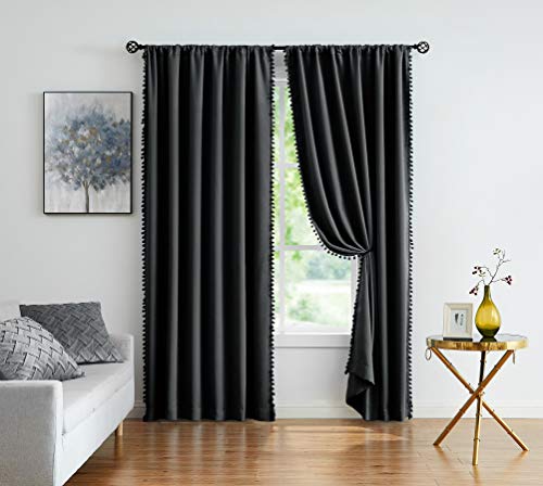 Image of Treatmentex Black Pompom Curtains for Bedroom Living Room 95 inch Triple Weave Full Blackout Window Curtain Panels for Hotel Men's Guest Room Drapes 52 inch w x2 Panels Rod Pocket