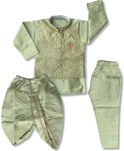 Image of Little Kids Ethnic Wear Kurta Pyjama and Waistcoat Set For Boys | Stylish Ethnic Wear | 3-piece set | Silk and Cotton Blend Fabric