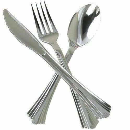 Plastic Cutlery Set Tableware Dinnerware Flatware Forks Spoons Basic Knife Party Wedding Dessert Picnic BBQ Christmas Catering Reusable Garden Strong Kitchen Crockery 18pc Colour (Metallic Silver)
