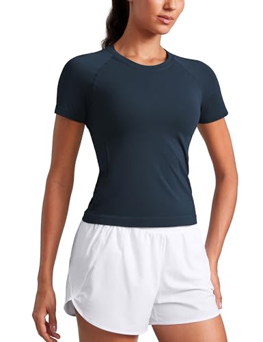 CRZ YOGA - CRZ YOGA Seamless Short Sleeve Shirts for Women Breathable Running Workout Tops Athletic Gym Yoga Basic T-Shirts Twilight Blue Large