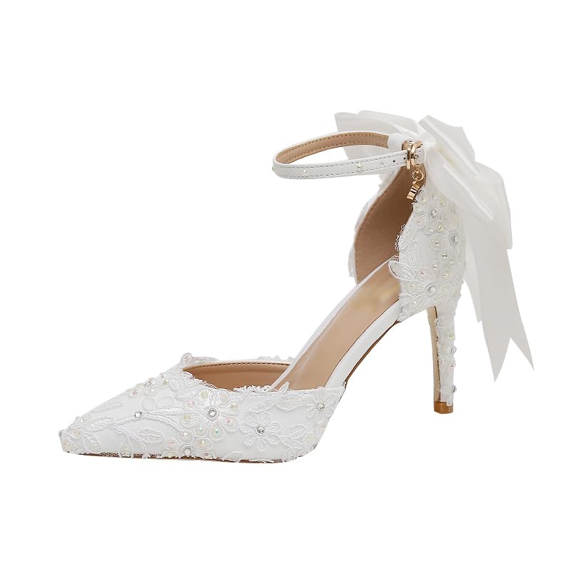White lace Rhine-Diamond Pointy Heels Sweet Bow Stiletto Bridal Shoes