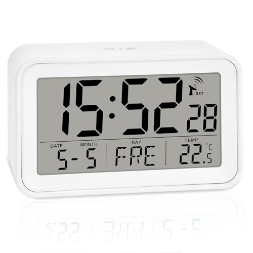 ADE Digitaler Funkwecker mit Licht | Wecker mit Temperaturanzeige und Kalender | kompakter Reisewecker | hübsches matt weißes Gehäuse | mit...