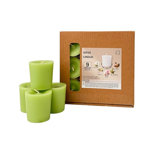 Scented Votive Candles Set of 9 CW Studio 12 Hour Burn Sweet Pea & Peony Citrus Blossom Garden Mint Fragrances Pastel Pink Yellow & Green Aromatherapy Home Candles in Kraft Paper Gift Box