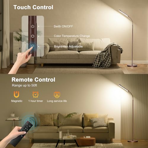 Image of Yikuneng Dimmable LED Floor Lamp, Super Bright Reading Lamps Floor Standing lamp with Remote & Touch Control, Stepless Dimming & 2700K-6500K Color Temperature, for Living Room Bedroom Office, Brown