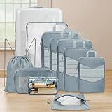 10 Set Compression Packing Cubes, Suitcase Organizer Bags Set for Travel Accessories, Lightweight Travel Essentials, Grey