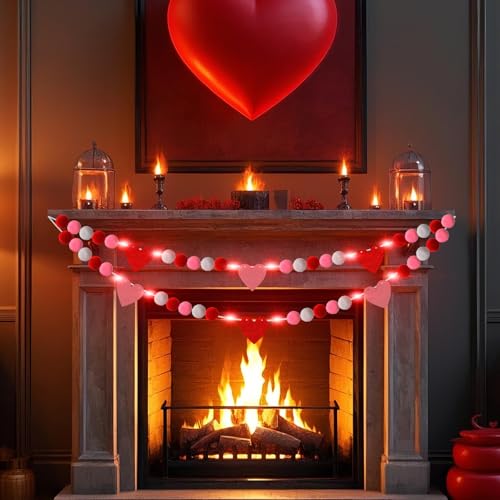 Image of 2 Pcs Valentine's Day Heart Felt Banner with LED Lights Red Pink White Heart Felt Banner Pom Pom Ball Garland Valentine's Day Heart Pompom Hanging Garland for Indoor Home Party Favors