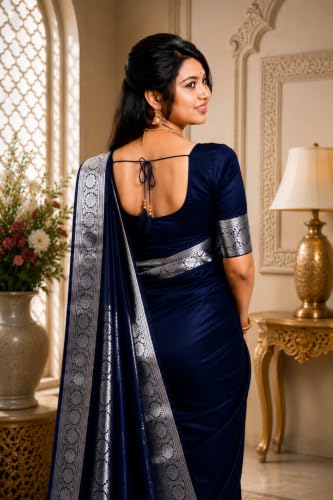 Image of Women's Glory Banarasi Satin Silk Saree Plain Silver Zari | Unstiched Blouse Piece Included.
