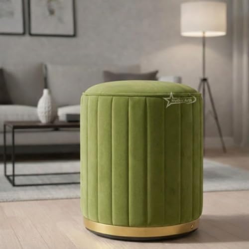 Image of Upholstered Round Linen Strip Stool Living Room Foot Rest Office Stool Pouf Ottoman Padded Seat (Pista Green)