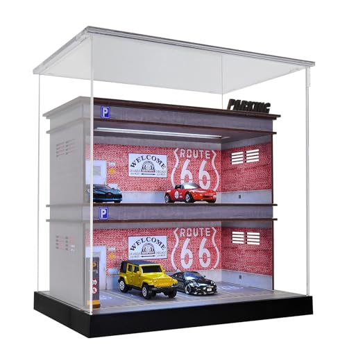 cxiiuui Display Case 1/64 Scale Diecast Parking Garage Moldel 3-Tires with LED Light 12 Parking Spaces Model Car Show Case with Full Acrylic Cover