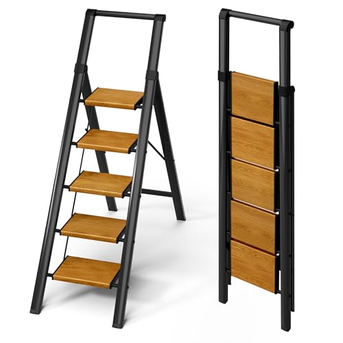 Mayi Plus 5 Step Ladder,Portable Step Ladder with Anti-Slip Wide Pedal,Aluminum Foldable Step Stool with Handrail,330lbs Capacity Stepladder for Home,Office,Library (Black Woodgrain) by mayi plus - Used condition - US$75.68