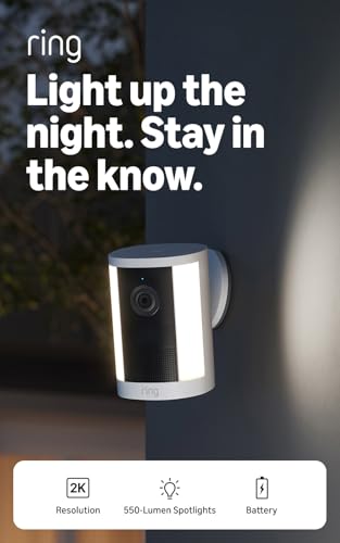 Image of Ring Spotlight Cam, Battery (newest model), Home or business security, Wide-Angle Retinal 2K Video, 6x Enhanced Zoom, Motion-Activated Spotlights, White