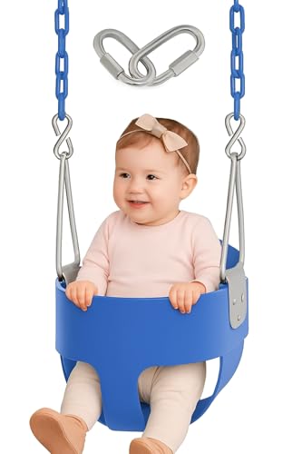 Image of Heavy-Duty High Back Full Bucket Toddler Swing Seat with 60 inch Coated Swing Chains and Carabiners for Easy Install Fully Assembled (Blue)