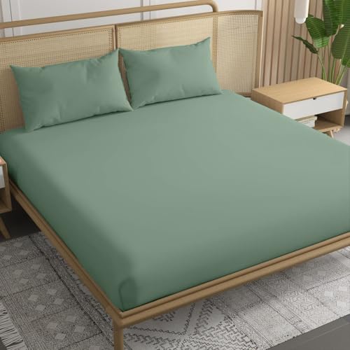 Image of Trance Home Linen 300 TC Bamboo Fitted Bedsheet | Soft, Breathable & Eco-Friendly Bedsheet with 2 Pillow Cover - (78 x 42 inch, Aqua Green)