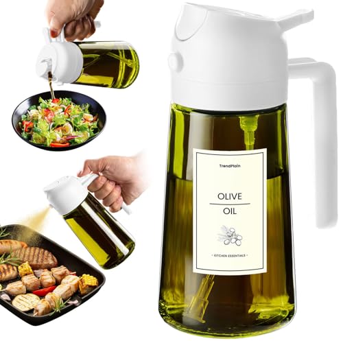 TrendPlain 470ml Olive Oil Spray Bottle - 2 in 1 Olive Oil Dispenser Bottle for Kitchen Accessories - Kitchen Gadgets, For Air Fryer - with Stickers, Light Blocking - White
