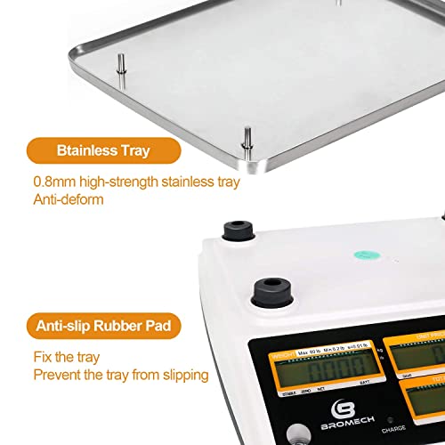 Bromech Price Computing Scale, Rechargable, Commercial Grade With Dual Lcd Display, 60Lb Stainless Steel Platform, Ntep Approved, Coc #21-001A2 For Meat Shop, Deli, Produce Market #TOP6