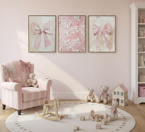 Image of Framed 3D Textured 3Pcs Trendy Pink Bow Canvas Wall Art Vintage Cute Preppy Watercolor Bow Painting Pictures Wall Decor Posters Prints Girly Aesthetic for College Apartment Bedroom Decoration