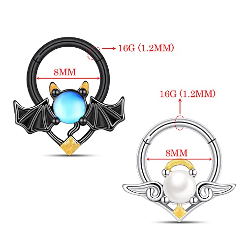 Stuppendux 2Pcs 16G 1.2Mm Stainless Steel Angel And Demon Piercing Septum Rings Pierced Nose Ear Cartilage Ring Couple Style Diameter 8Mm #TOP3