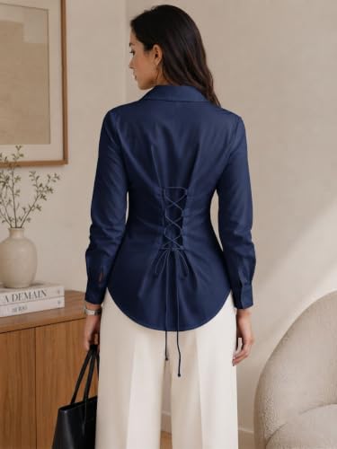 Image of OOMPH! Women's Cotton Solid Corset Style Shirt | Back Lace-Up Tie-Up Cinched Waist | Full Sleeve Button-Down Formal Office & Smart Casual Shirt