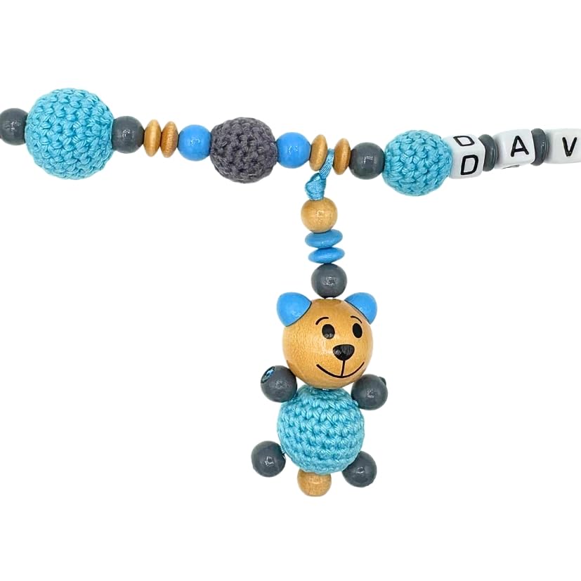 Set Nuckelkette + Kinderwagenkette mit Namen " 3D - BÄR MIT HÄKELKÖRPER " Skyblau Grau Natur/Baby/Unisex/Personalisiert/HANDMADE