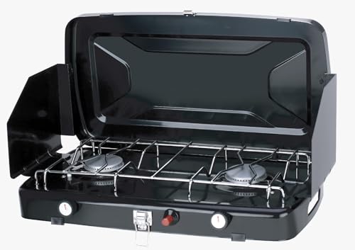 Portable 2-Burner Camping Stove - Foldable Design, Windshield, 1.2KW Burners (x2), Ideal for Outdoor Cooking, Works with Butane/Propane Gas
