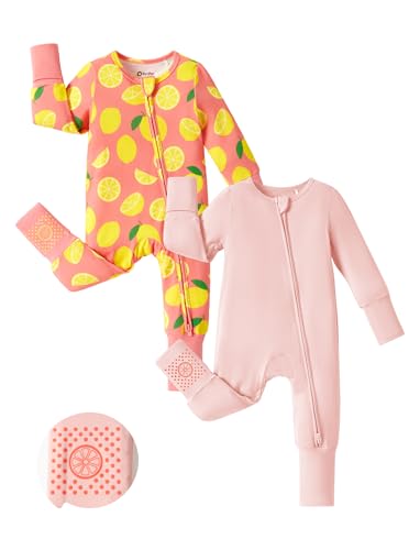 PATPAT Baby Footie Romper, Viscose from Bamboo, Long Sleeve, 2-Way Zipper, Fold-Over Mittens, Cuffs & Anti-Slip Grips