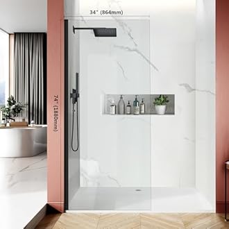 Bathroom Shower Glass Door Panel, 34" W×74" H Fixed Frameless Shower Glass Door, 5/16"(8mm) Thick Clear Tempered Glass Door Screen, Matte Black