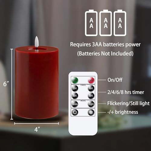 Image of Flameless Flickering 4 inch x6 inch Real Wax Burgundy Remote Candles with Candle Grease, Pack of 2 Timer LED Battery Operated Fake Warm Light Pillar Candles for Home, Banquet, Ceremony Decoration