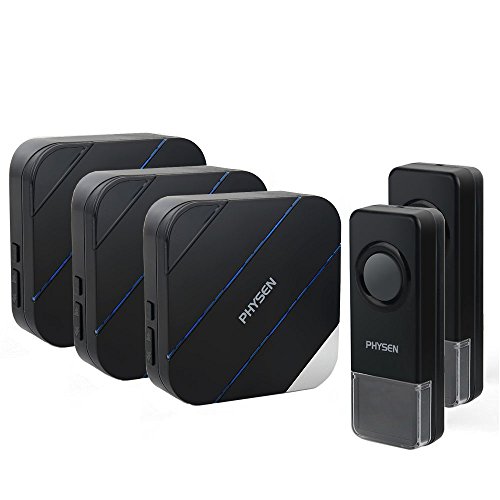 Wireless Doorbell PHYSEN B15 Waterproof Door Chime,2 Push Buttons and 3 Plug in Receivers,Operating up to 1000 Feet Range,4 Adjustable Volume Levels and 52 Chimes,No Battery Required for Recevier