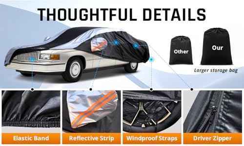 Image of Deville Car Cover Waterproof All Weather with Silver Strip Design, Custom Fit for Deville 1994-2006, Deville Accessory with Door Zipper & Windproof Straps