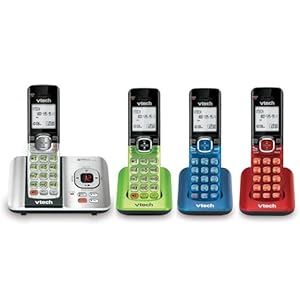 VTech CS6529-4B 4-Handset DECT 6.0 Cordless Phone with Answering System and Caller ID, Expandable up to 5 Handsets, Wall-Mountable, Blue/Green/Red/Silver