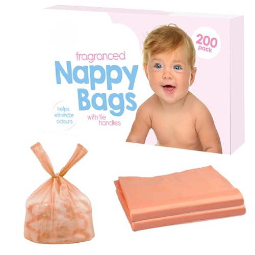 200 Coloured Nappy Bags with Tie Handles - Fragranced for Eliminating Odours, Durable and Leak-proof, Light-weight and Perfect for Babies Travel Bags