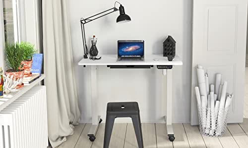 Shw Electric Height Adjustable Mobile Standing Desk Workstation With Storage Drawer, 40 X 24 Inches, White #TOP1