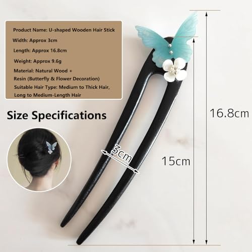 Image of Melodio Elegant Blue Butterfly U-Shaped Wooden Hair Stick - Floral Butterfly Hairpin Inspired by Traditional Style, Lightweight & Stylish Updo Accessory for Women