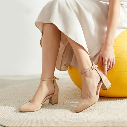 Image of Ankis Closed Toe Heels for Women -Black Nude Gold Silver Pointed Toe Heels Low Block Chunky Women Pumps with Ankle Strap -2.25 Inch