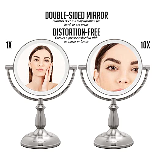 Image of OVENTE 8 inch Lighted Tabletop Makeup Mirror, Nickel Brushed MPT751BR1X10X | Double Sided Table Mount Vanity Mirror with 1X /10X Magnification, 360 Rotation, 3-Tone Smart Touch LED Lights, Auto Shutoff