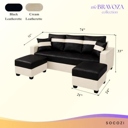 Image of SOCOZI Bastian 5 Seater L Shape Sofa Set with 2 Movable Ottomans | Flexible Layout | Premium Leatherette with Golden Metal Legs |Sofa for Living Room (Black-Cream) | Breathable Material
