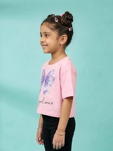 Image of KiddoPanti Girls 100% Cotton Solid Drop Shoulder Half Sleeve Round Neck Crop Tee